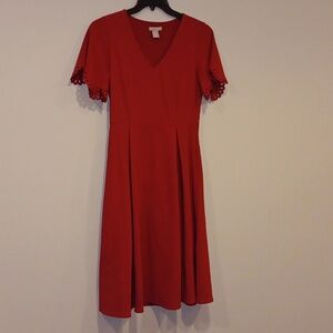 Red V-Neck Dress with Lace Sleeves